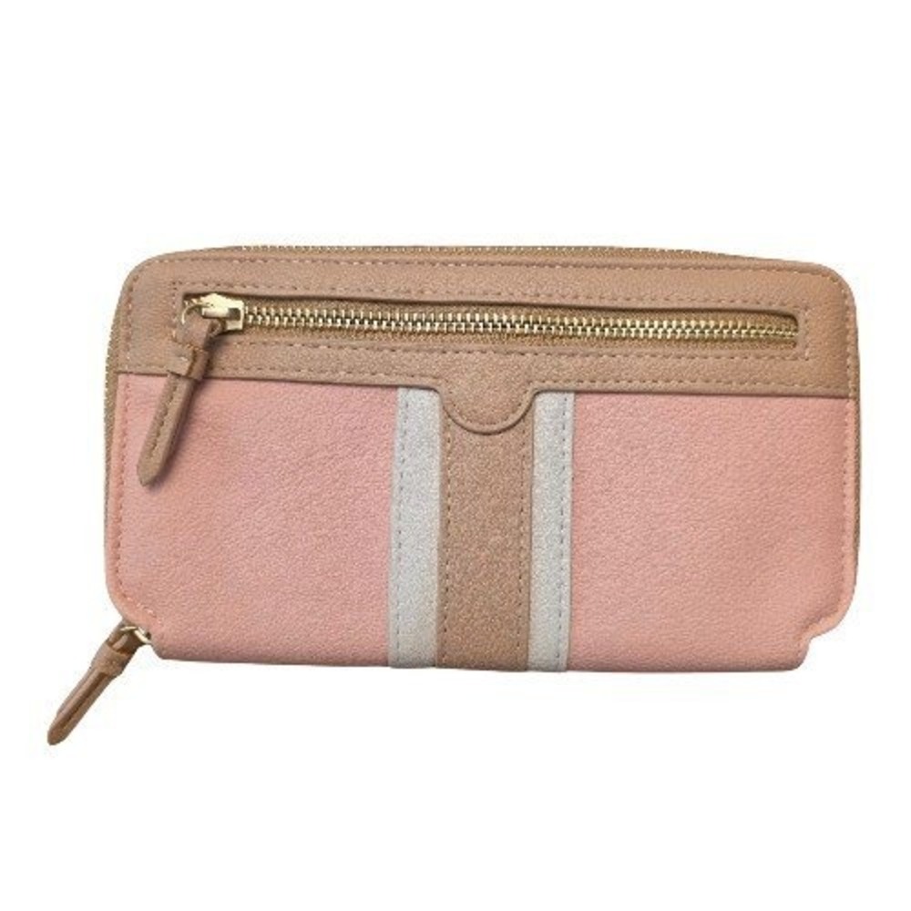 Pink Tan Colorblock Zip Around Continental Wallet Faux Leather Cottagecore Girly